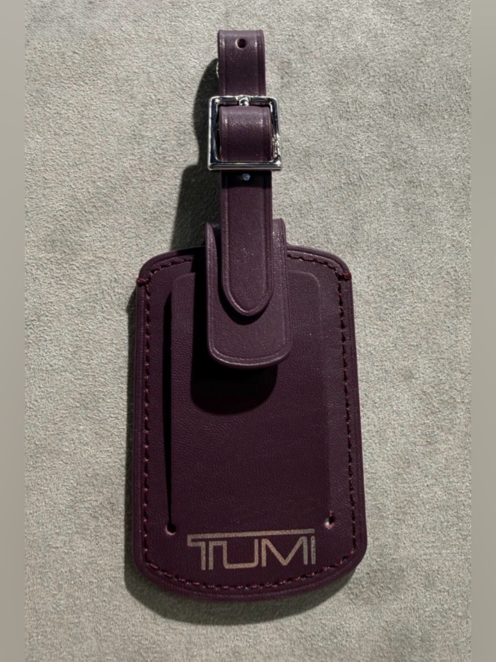 NEW Tumi 3.625” x 2.25” Leather Luggage Name Tag w/ Buckle - PURPLE